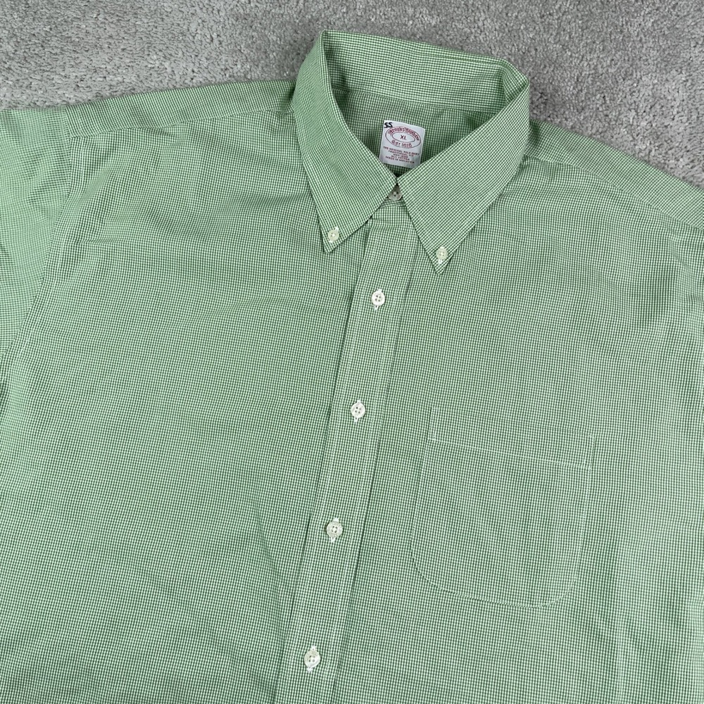 Brooks Brothers Shirt Mens XL Green Micro Gingham Short Sleeve Traditional Fit